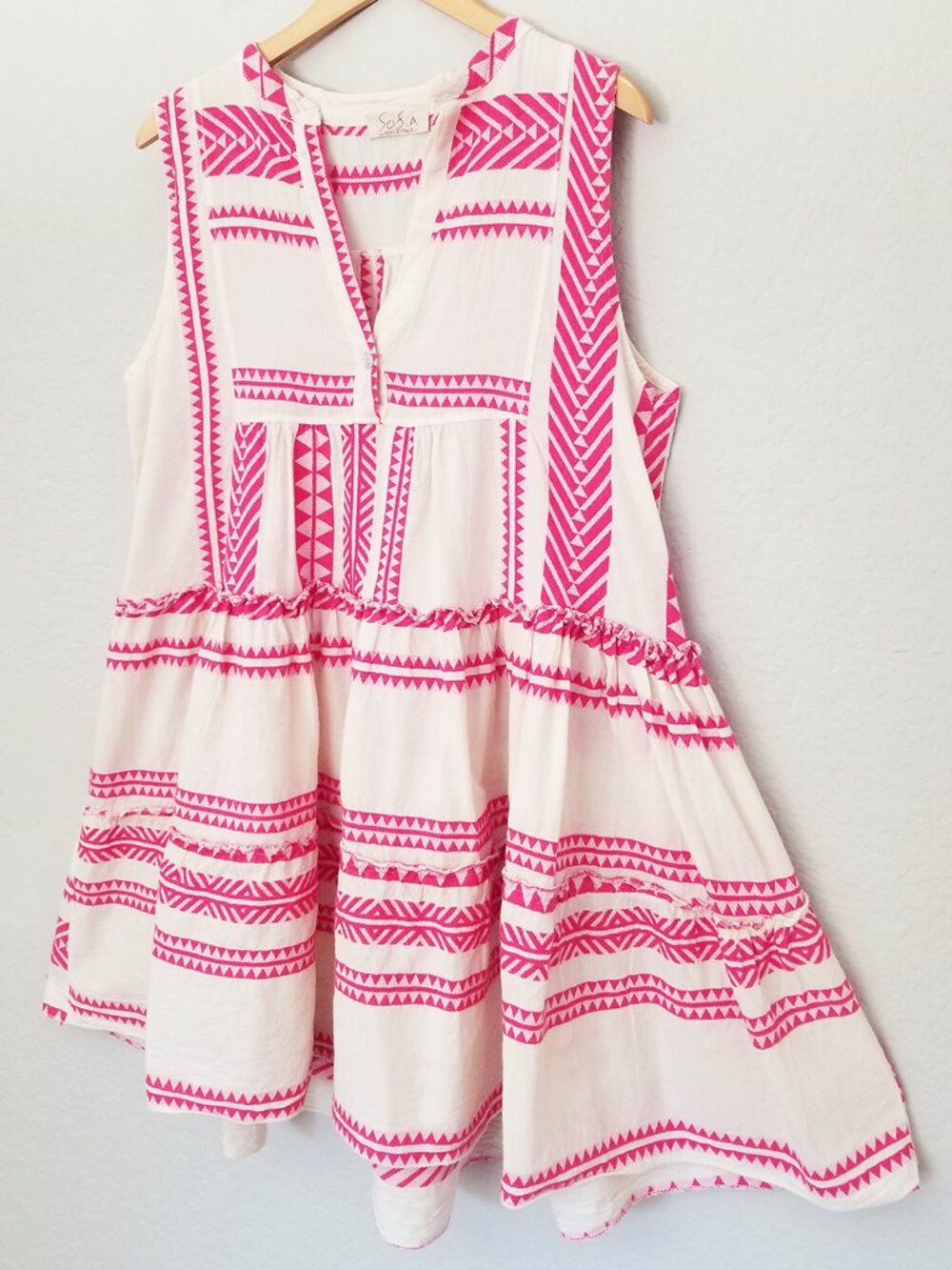 Sofia Made in Italy Pure 100% Cotton Mini Dress Pink Cream Boho Coastal Beach ML